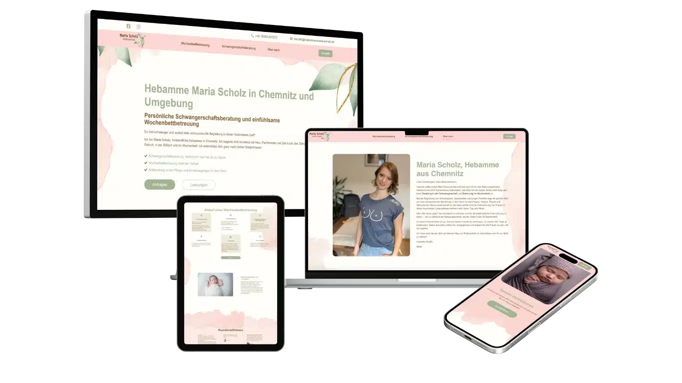 Es ist die SEO-optimierte Webseite von der Hebamme Maria Scholz zusehen, die durch die SEO-Agentur SEOaufstieg erstellt wurde.