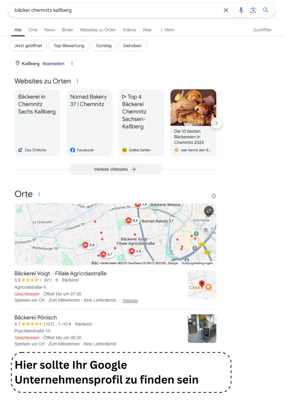 Local SEO Agentur Chemnitz, Local Pack, Beispiel fehlendes Google Unternehmensprofil, SERP-Darstellung, SEOaufstieg