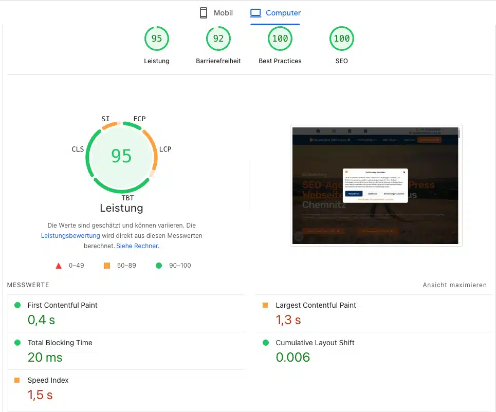 Core web vitals von seoaufstieg, screenshot